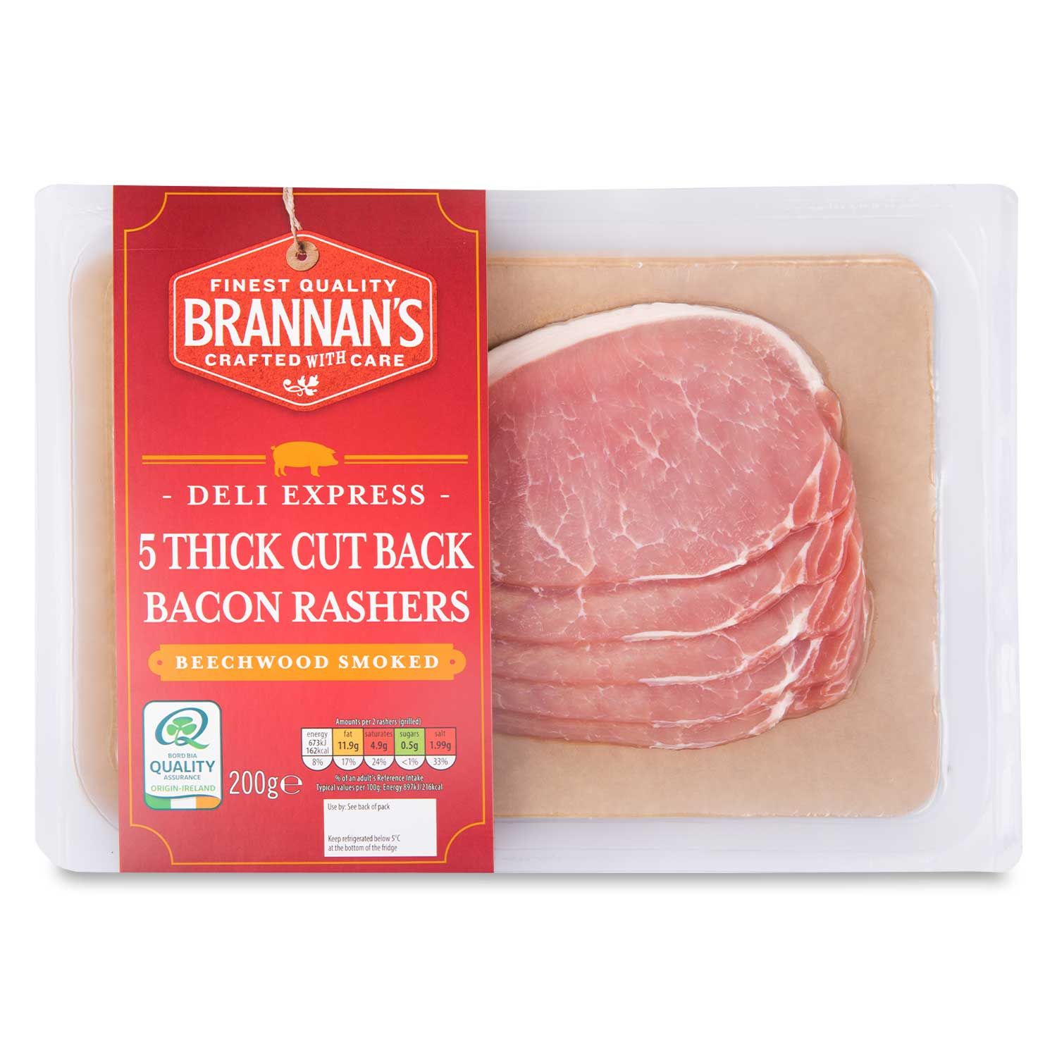 5 Deli Express Irish Smoked Thick Cut Back Bacon Rashers 200g Brannans