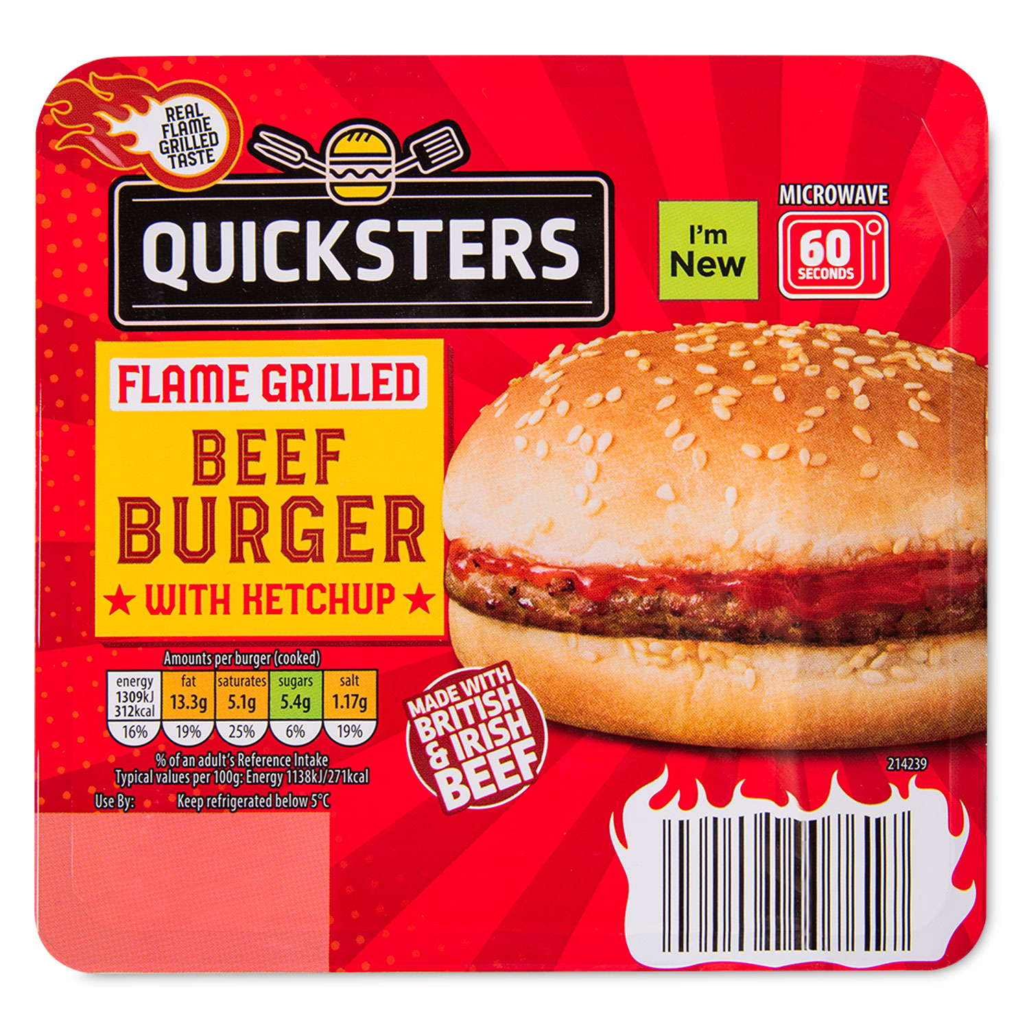 Quicksters Flame Grilled Beef Burger With Ketchup 115g