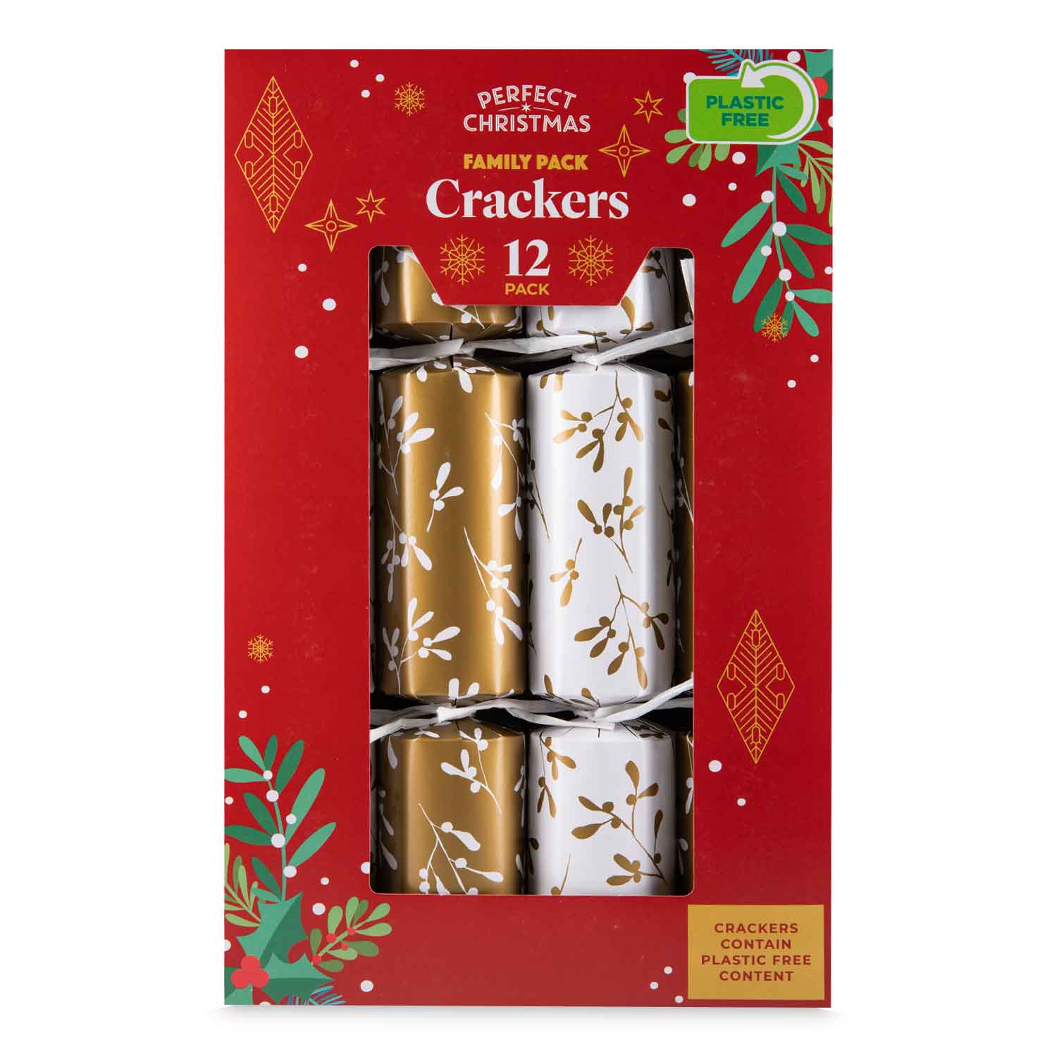 Perfect Christmas Gold & White Mistletoe Christmas Crackers 12 Pack