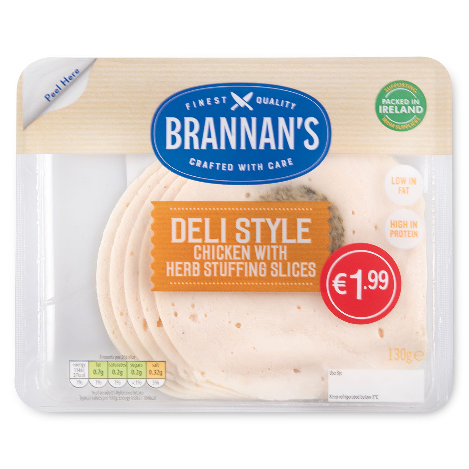 Deli Style Chicken With Herb Stuffing Slices 130g Brannan's