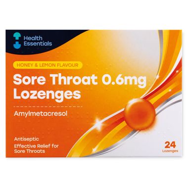 Health Essentials Honey & Lemon Flavour Sore Throat 0.6mg Lozenges Amylmetacresol 24 Pack