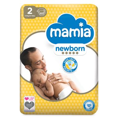 Mamia Newborn Nappies 60 Pack/Size 2 Mini 3-6kg/6-13lbs