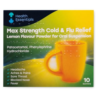 Health Essentials Max Strength Cold And Flu Relief Lemon Flavour Powder For Oral Suspension 10 Pack