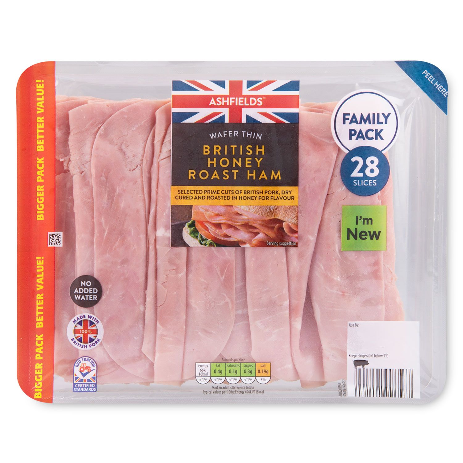 Ashfields British Wafer Thin Honey Roast Ham 375g/28 Pack | ALDI