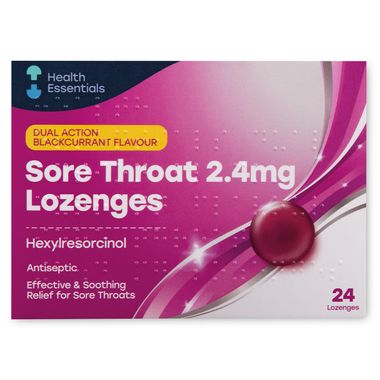 Health Essentials Dual Action Blackcurrant Flavour Sore Throat 2.4mg Lozenges Hexylresorcinol 24 Pack