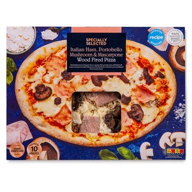 Specially Selected Italian Ham, Portobello Mushroom And Mascarpone Wood Fired Sourdough Pizza 520g