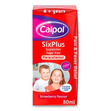 Calpol Sixplus Sugar Free Suspension, Paracetamol Medication, 6+ Years, Strawberry Flavour, 80ml