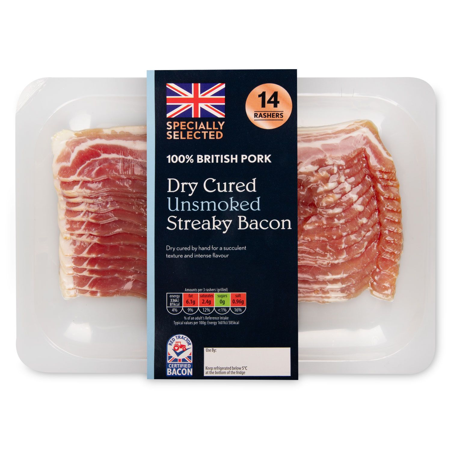 Specially Selected Dry Cured Unsmoked Streaky Bacon 220g/14 Pack* | ALDI