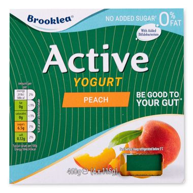 Brooklea Active Fat Free Peach Yogurt 4x115g