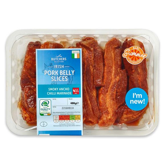 Irish Pork Belly Slices Smoky Ancho Chilli Marinade 480g Butchers Selection Aldiie