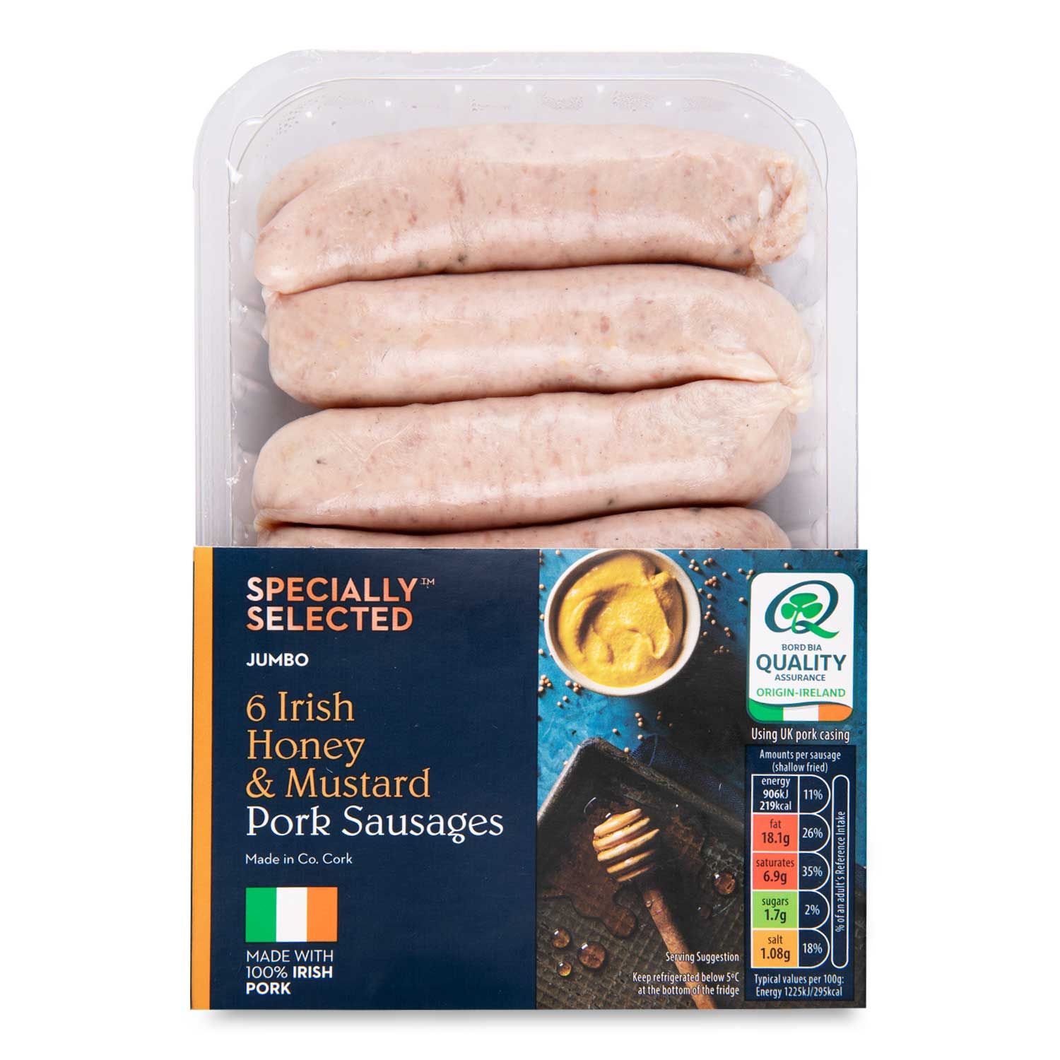 Jumbo Irish Honey And Mustard Pork Sausages 454g 6 Pack Specially Selected Aldiie 0906