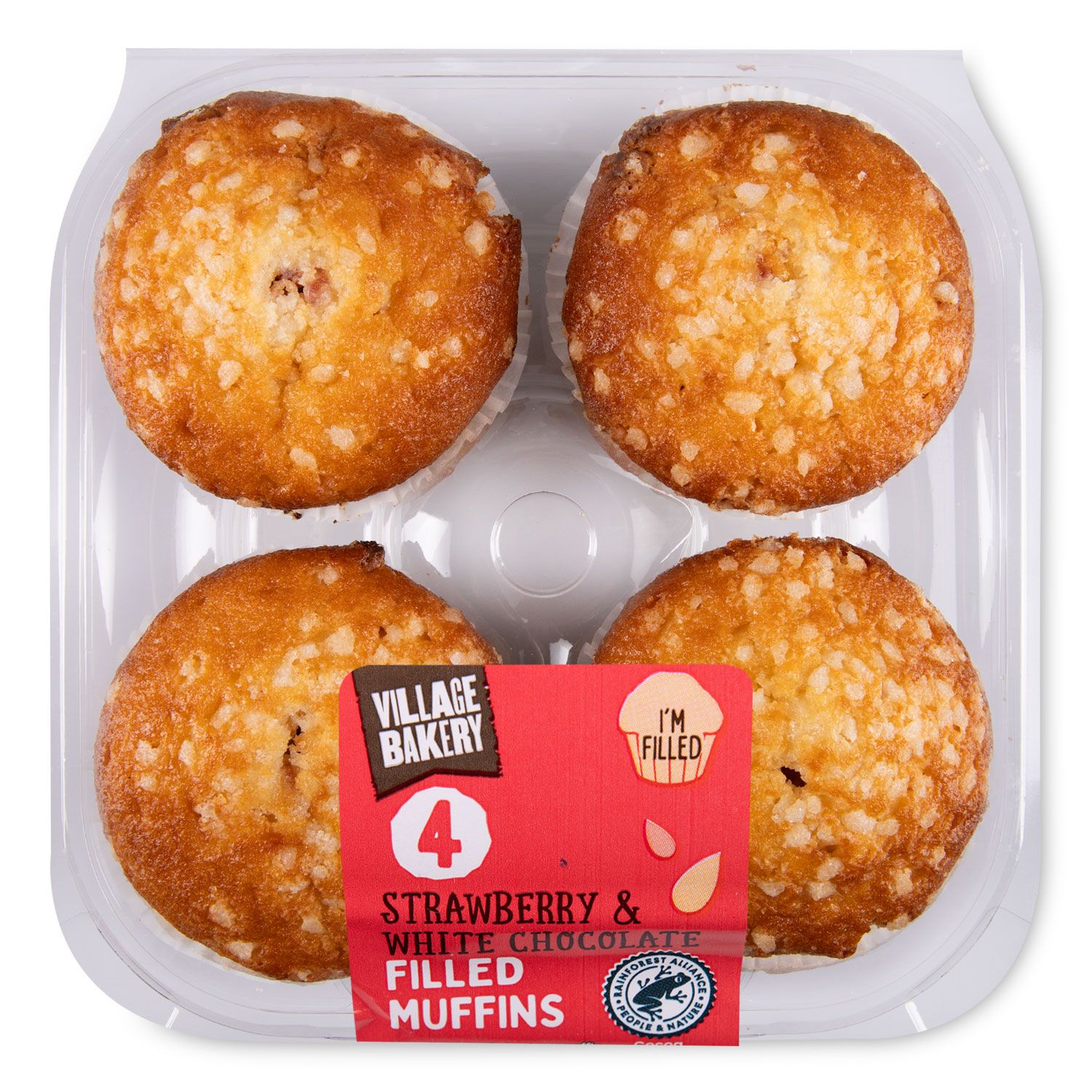 Strawberry & White Chocolate Filled Muffins 276g 4 Pack Village Bakery ...